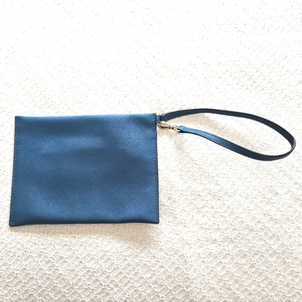 Michael Kors Teal Blue Saffiano Leather Wristlet Pouch Gold Hardware Zipper Bag
